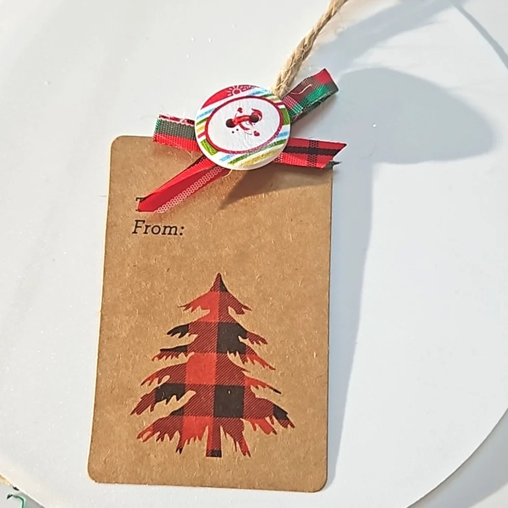 Handcrafted Upcycled Paper giftsTags Holiday red black plaid handmade 8ornaments